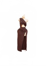 Prettylittlething brown slinky cut out split side party sexy long maxi dress 12