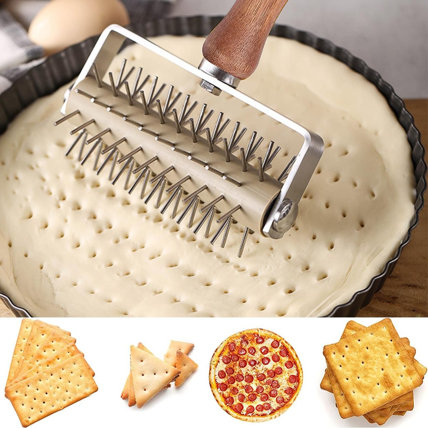 Dough Docker Roller Stainless Steel and Wooden Dough Roller, Set of 2 Pizza P...