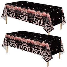 Uiorgui 2pcs 50th Birthday Tablecloth, Black Rose Gold 50th Birthday Decorations