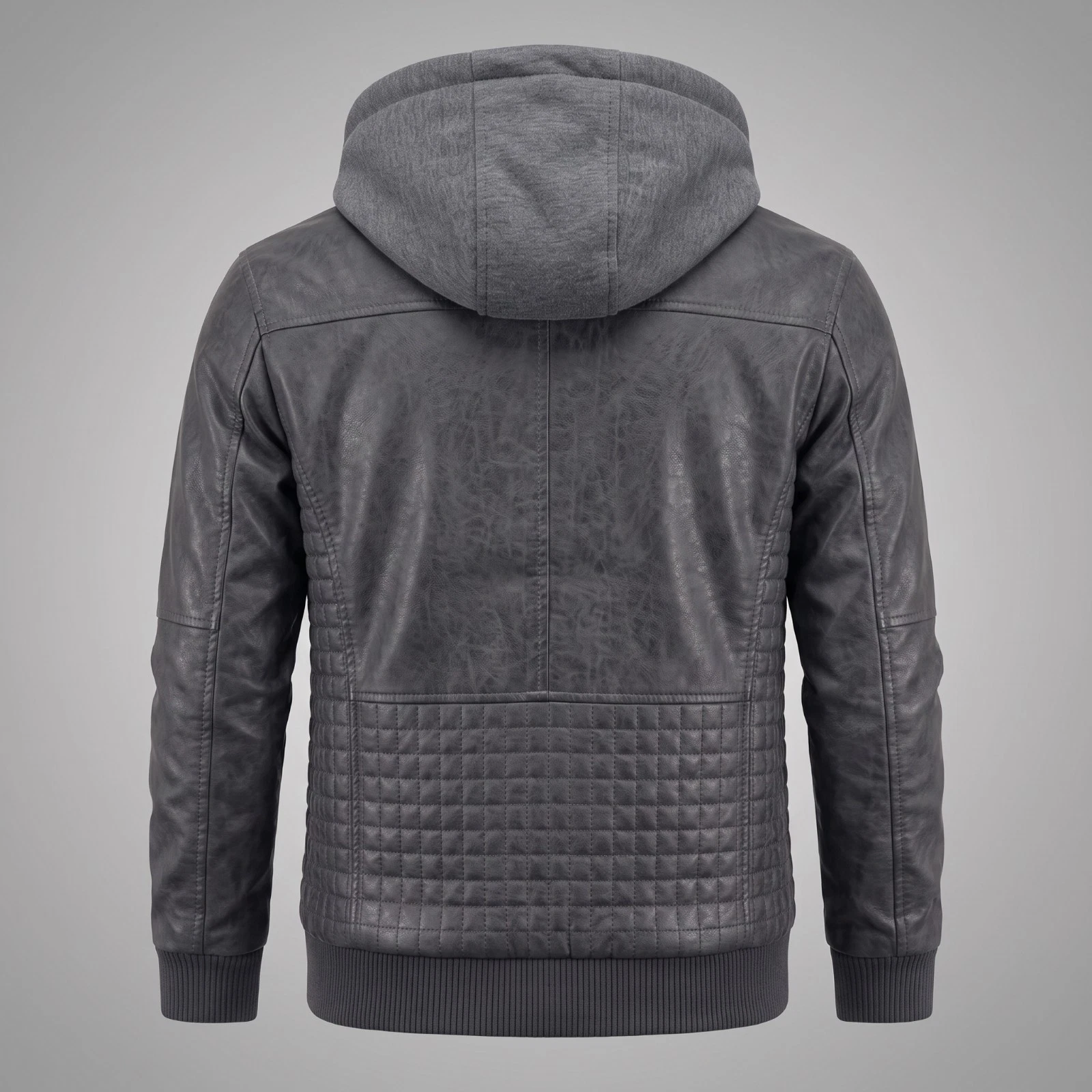 Hand-Burnished Distressed Gray (All Colors) Leather Hoodie Bomber Jacket Men's - product detail image 2
