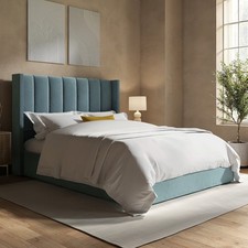 Image of Blue Velvet Double Ottoman Bed With Winged Headboard - Maddox MAD022D