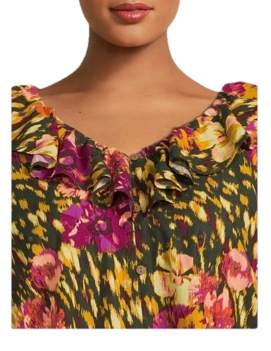 NEW Terra & Sky Top Women 1X 16W-18W Multicolor Long Sleeve Button Ruffle Blouse