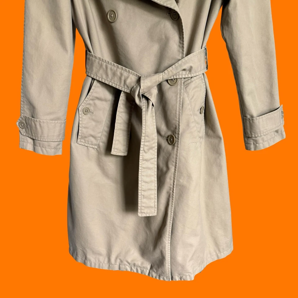 00s Vintage Caqui 100% Algodón Doble Botonadura Trench Y2k Abrigo Chaqueta PEQUEÑO hueco Foto 4 de 4