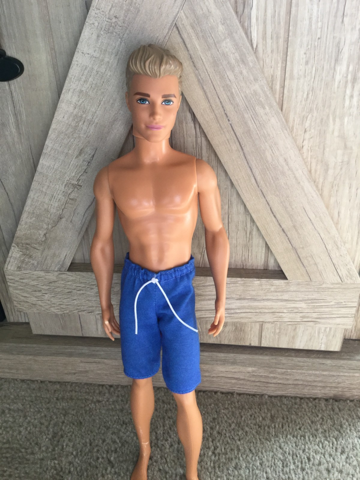 2015 Mattel Ken Barbie Doll in Solid Royal Blue Knit Long Shorts Swim Trunks