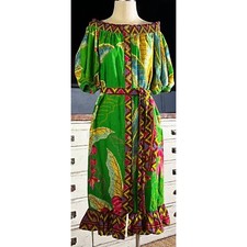 New $235 Farm Rio Banana Leaves Off The Shoulder Green Linen Blend Midi Dress XS