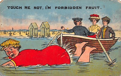 POSTKARTE COMIC MEER FETTE DAME SCHWIMMEN BERÜHRE MICH NICHT VERBOTENE FRÜCHTE