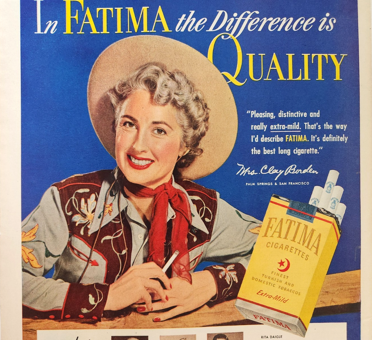 Mrs Clay Borden Western Shirt Hat Fatima Cigarettes Vtg 1951 Ad Magazine  Print