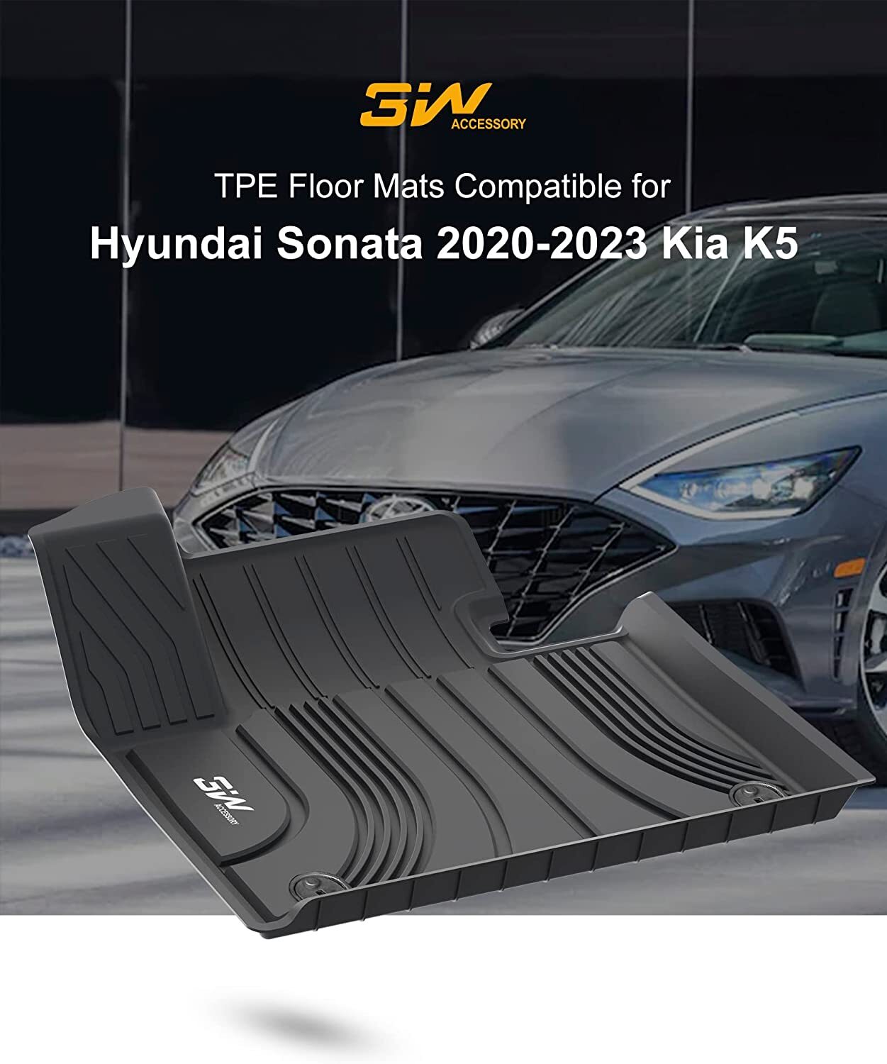 3W Floor Mats for Hyundai Sonata 20202023 Kia K5, TPE All Weather