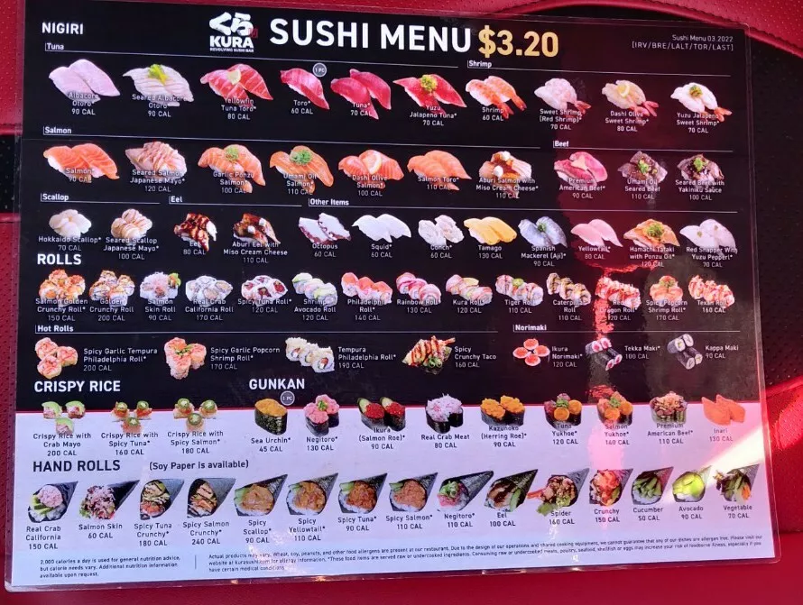 KURA Revolving Sushi Bar Restaurant Menu Sushi Tempura