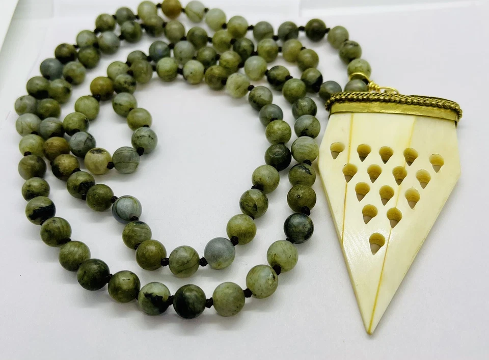 Necklace Beads In Green/gray (possibly Agate)With Pendant Brass Arrow Bison Bone - Image 2 of 4