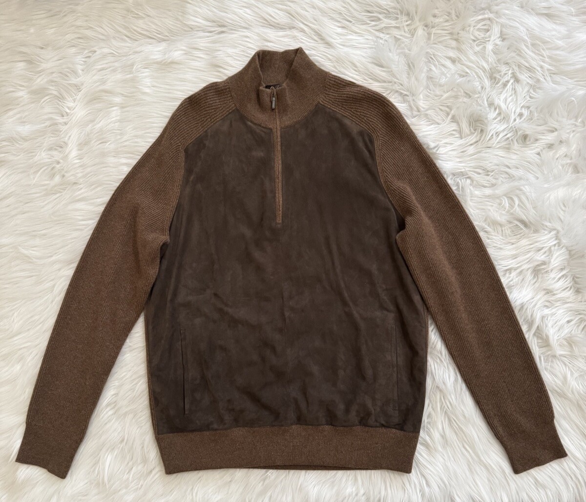 Loro Piana 100% Baby Cashmere Suede Quarter Zip Sweater Brown 54