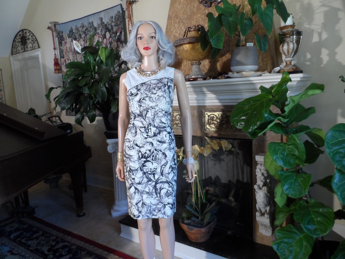 Carolina Herrera Cream Black Floral Print Sheath Dress Size US