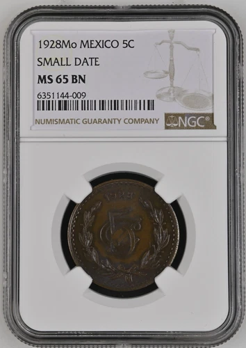 1928 Mo Mexico 5 Centavos Small Date NGC MS 65 BN