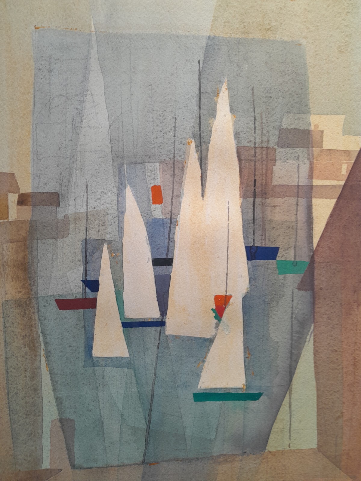 John William Kennedy 1948 Cubist Drawing Sailboats NY Harbor original art