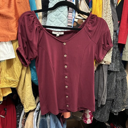 NWT Express Burgundy Faux Button Up Puff Sleeve Top Size Small - "Aaren - Picture 4 of 17