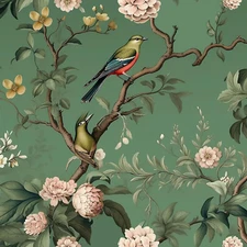 VEELIKE Vintage Green Bird Wallpaper Peel and Stick Chinoiserie Floral Wallpaper