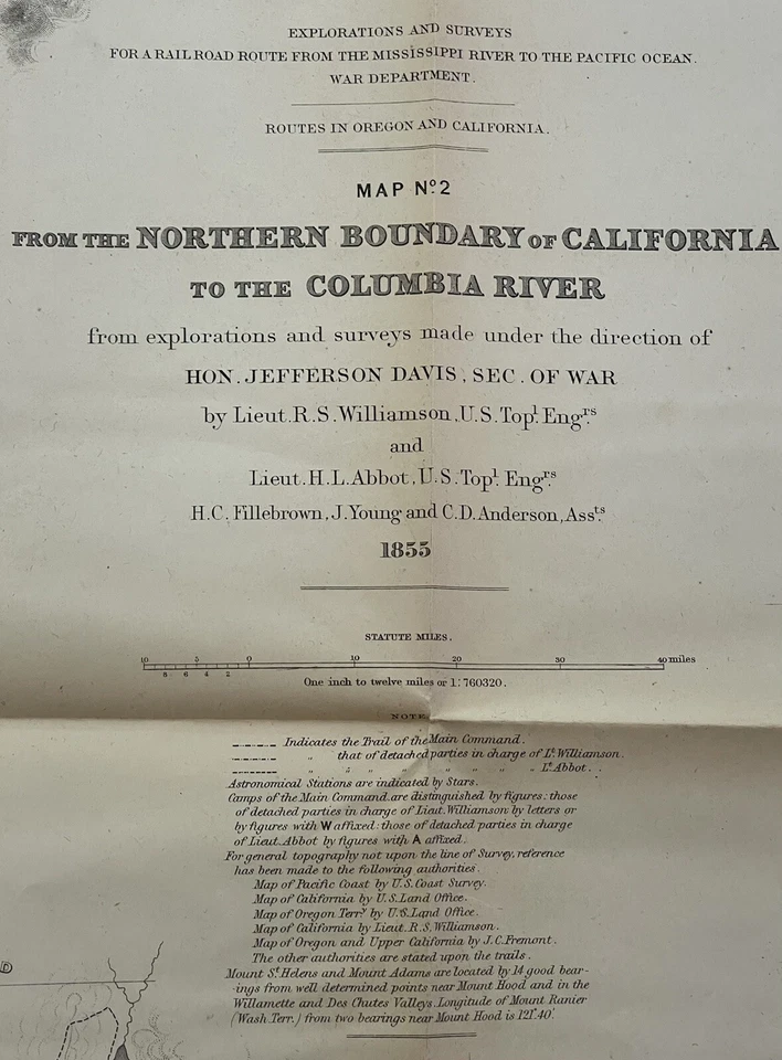 Mapa de Encuesta Abbot Williamson 1855 Norte CA Límites Colombia Río Jefferson Davis Foto 3 de 4