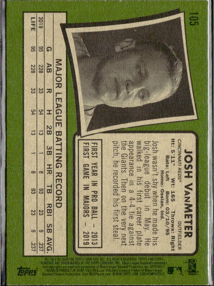 2020 Topps Heritage Josh VanMeter Cincinnati Reds #105  3 Card Lot - Image 2 of 2