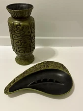 Vintage Pair Haegar Pottery 12” Tiki Vase & Ashtray Olive Green Mid Century USA