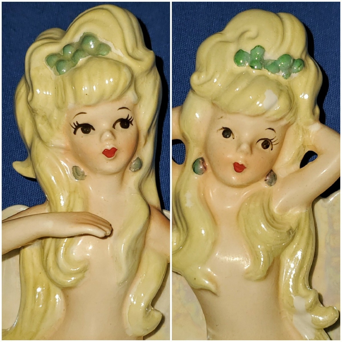 1950s LEFTON 2 MERMAIDS Wall Plaques BLONDE TWINS on Shells MCM