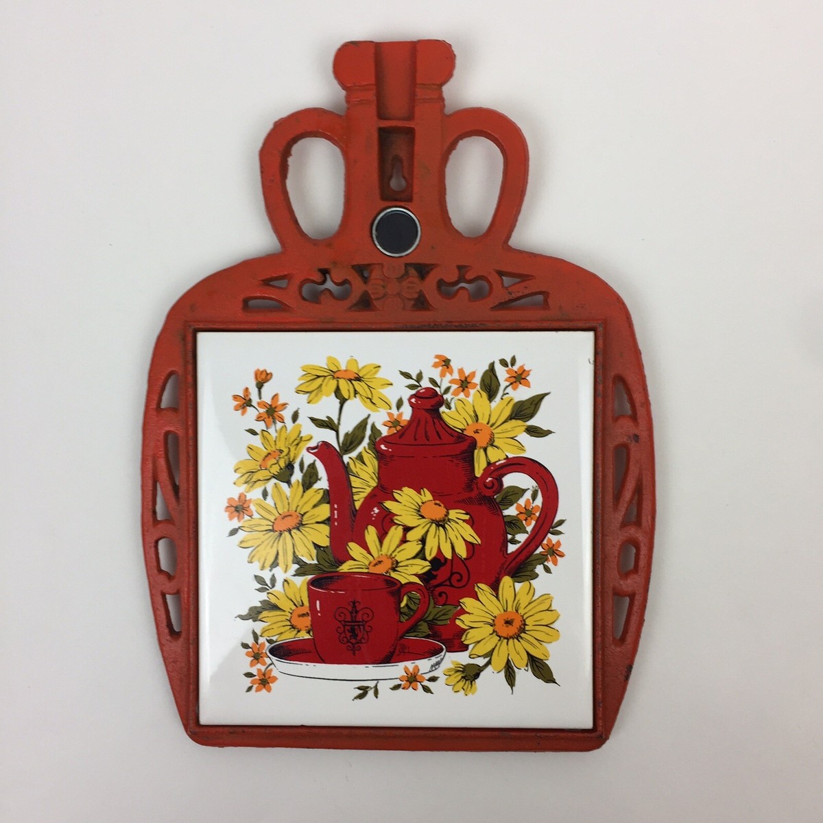 VTG FM Japan Orange Cast Iron & Tile Trivet w/Magnet Tea/Flowers