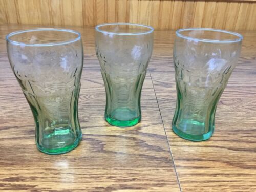 Set Of 3 Vintage Green Glass Coca Cola Coke Glasses 4 1/2”  Juice - Picture 1 of 2