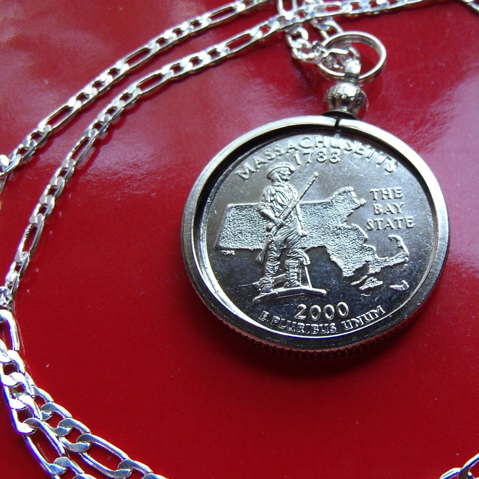 MASSACHUSETTS Platino Placa Gema 2000 Cuarto Colgante en una Cadena de Plata 925 de 30" Foto 2 de 4