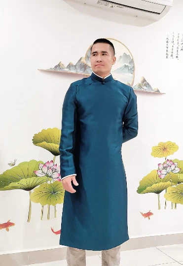 Blue Ao Dai for men, Vietnamese Tafta Long Dress for men, No pants G2