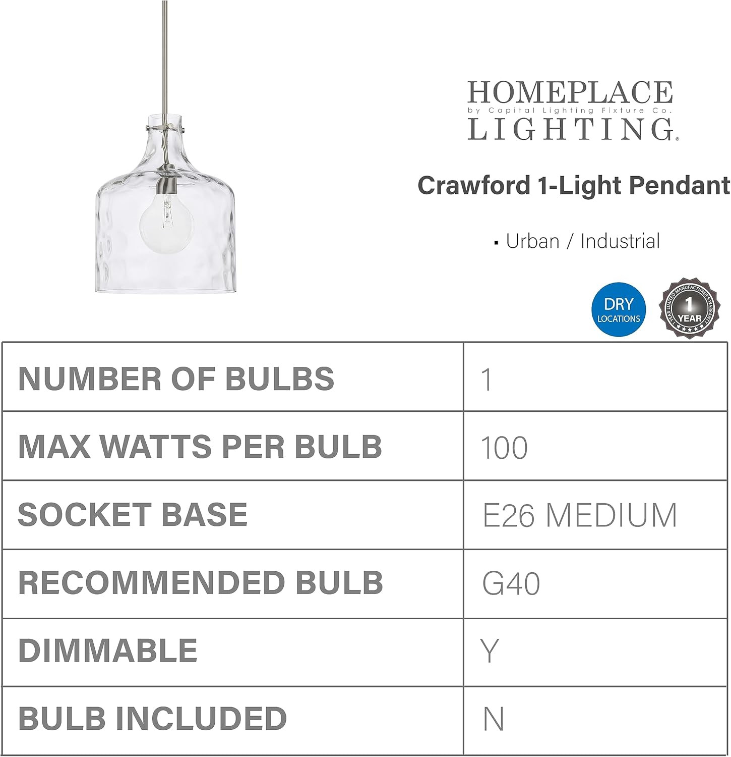 Crawford Urban Industrial Clear Glass Jar Pendant Light in Brushed Nickel