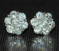 2Ct Round Cut Real Moissanite Cluster Flower Stud Earrings 14K White Gold Plated