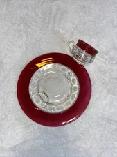 Kings Crown Thumbprint Ruby Red Flash Snack Breakfast Plate & Cup Set