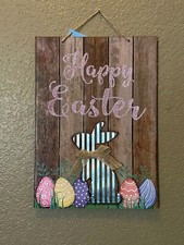 Happy Easter Decor Bunny Wall Sign 13.25 X 9.5 Wooden Tin