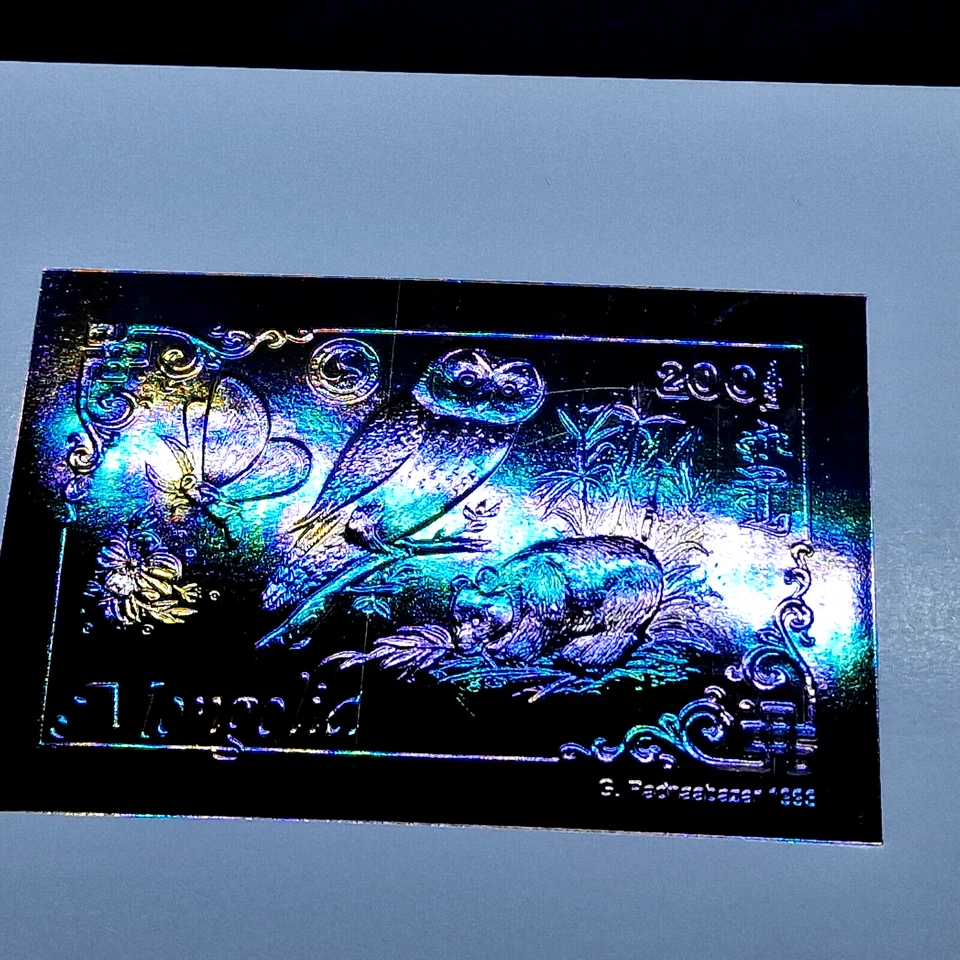 Bloque de estampillas holográficas plateadas Mongolia DELUXE Birds MNH años 90 Foto 4 de 4