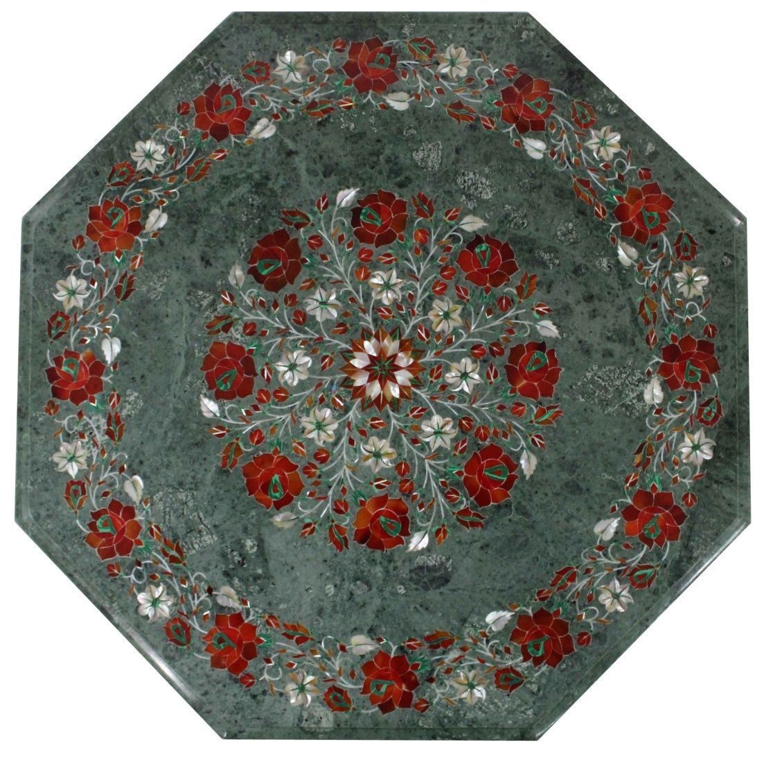 18-inch green marble tabletop with carnelian stone floral inlay