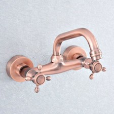 Antique Red Copper Wall Mount Dual Handle Bathroom Faucet Vessel Sink Mixer Tap