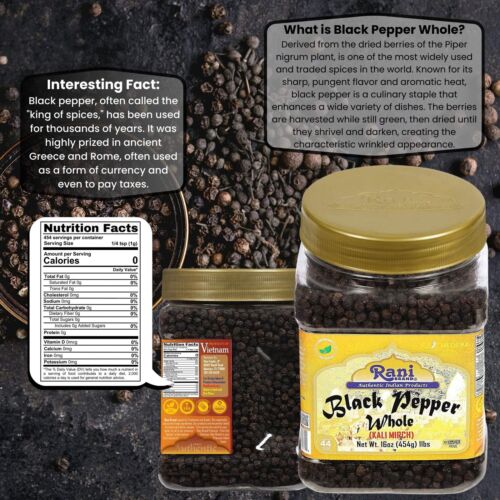 Rani Black Pepper Whole (Peppercorns), Premium Indian MG-1 Grade 16oz PET Jar - Picture 3 of 8