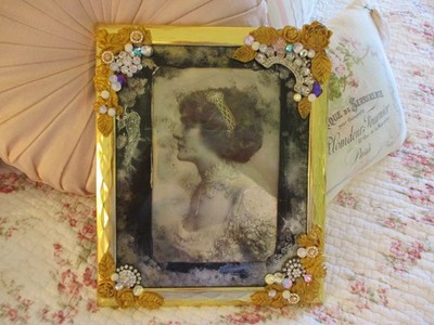 Vintage Style Faux Tin Type Image Framed with Jewels