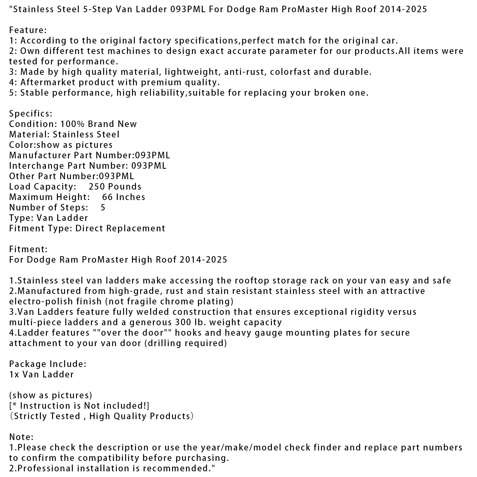 Stainless Steel 5-Step Van Ladder 093PML For Dodge Ram ProMaster High Roof 14-25 thumbnail 14