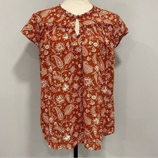 Top PAPERMOON NUOVO CON ETICHETTE M Boho arancione ruggine buco della serratura crepe cappuccio manica paisley festival