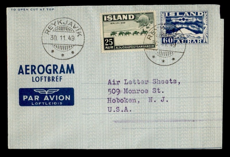 DR WHO 1949 ICELAND UPRATED AEROGRAMME REYKJAVIK TO USA R71081