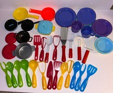 Vintage Play Kitchen Pots Pans Utensils Plates Lot Pretend Pre School