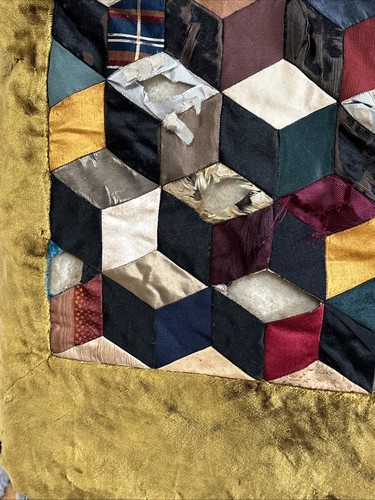 Antique Tumbling Blocks Quilt Silk Velvet Border 58x66 Mid-Late 19th C Victorian - Bild 2 von 11