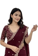 Women Vichitra Silk Saree with Embroidered Border Bollywood Sari Saree Blouse
