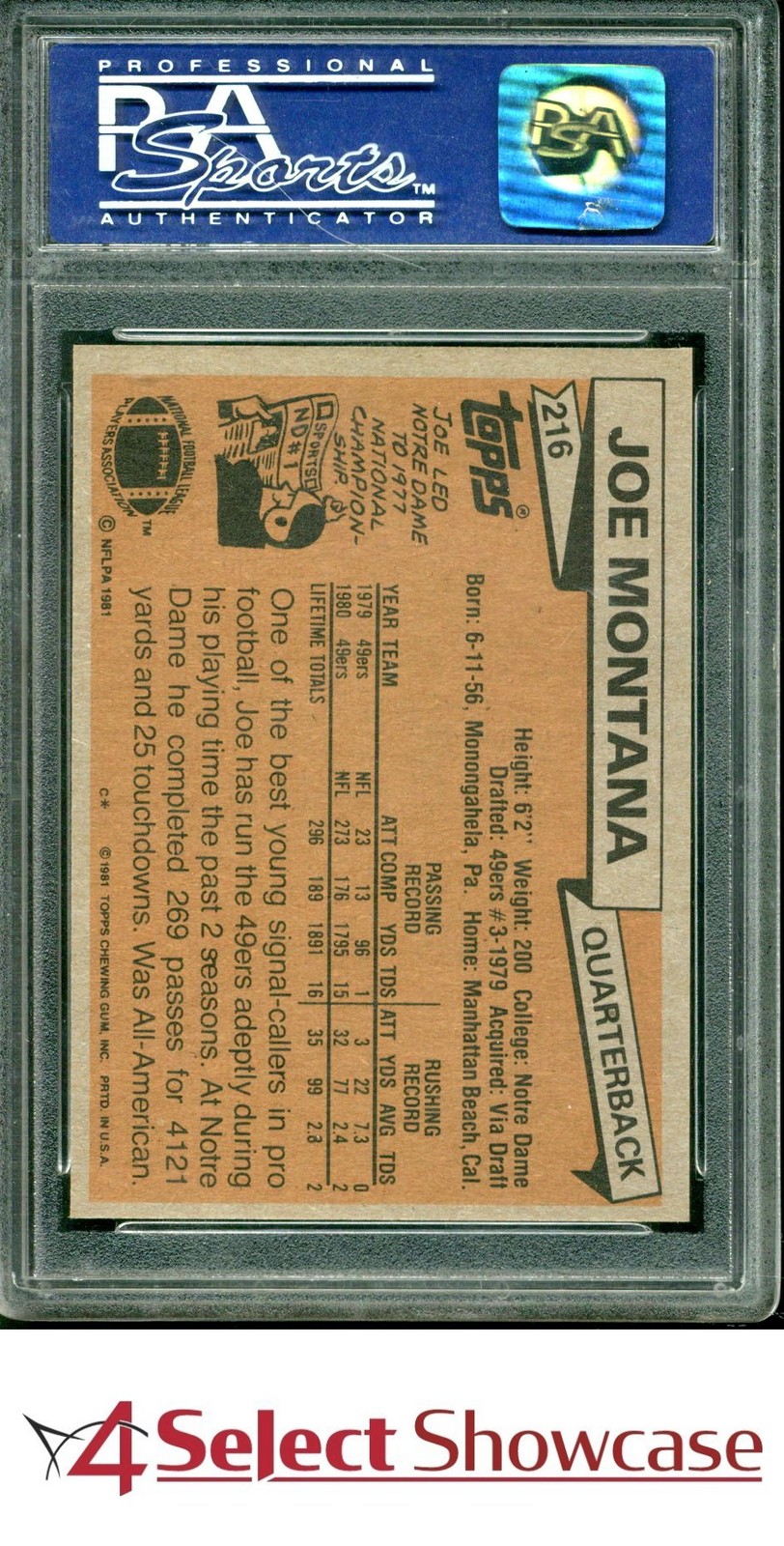 1981 TOPPS #216 JOE MONTANA RC 49ERS HOF PSA 9 view 2