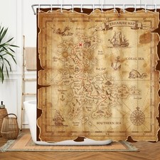 Nautical Island Map Shower Curtain Vintage Old Map Pirate Ship Bath Curtain O...