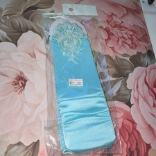 Blue Satin Elbow Length Evening Gloves with Embroidery