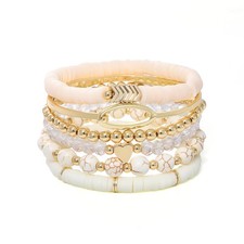 Surfer Heishi Clay Bead Bracelets for Women Bohemian Stackable Gold Beaded Stret