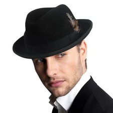 Men's Wool Fedora Hats Women Felt Trilby Derby Hat with Feather Medium Black