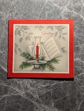 Vintage Christmas Greeting Card Red Candle Music Sheet Holly Mid Century MCM