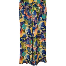 Cupio Womens Tropical Floral Wide Leg Pants Blue Yellow Pom Pom Trim S boho